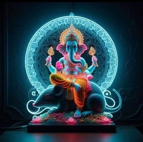 A vibrant Ganesh statue illuminated by colorful neon lights, creating a striking visual display in a dark setting.
