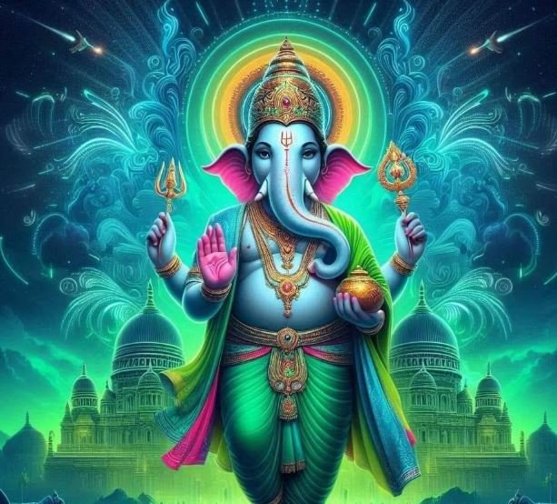 An artistic depiction of Lord Ganesha as a wallpaper, showcasing his divine form with elaborate patterns and vivid hues.