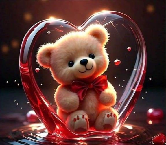 A teddy bear nestled inside a heart-shaped glass, symbolizing love and affection in a charming display.