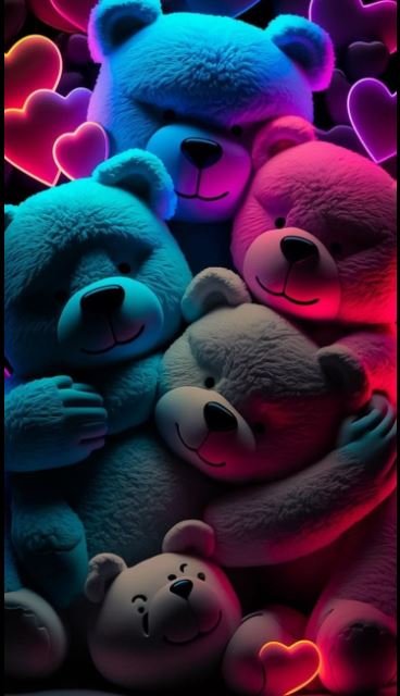 A trio of teddy bears encircled by vibrant hearts, symbolizing love and friendship in a charming display.